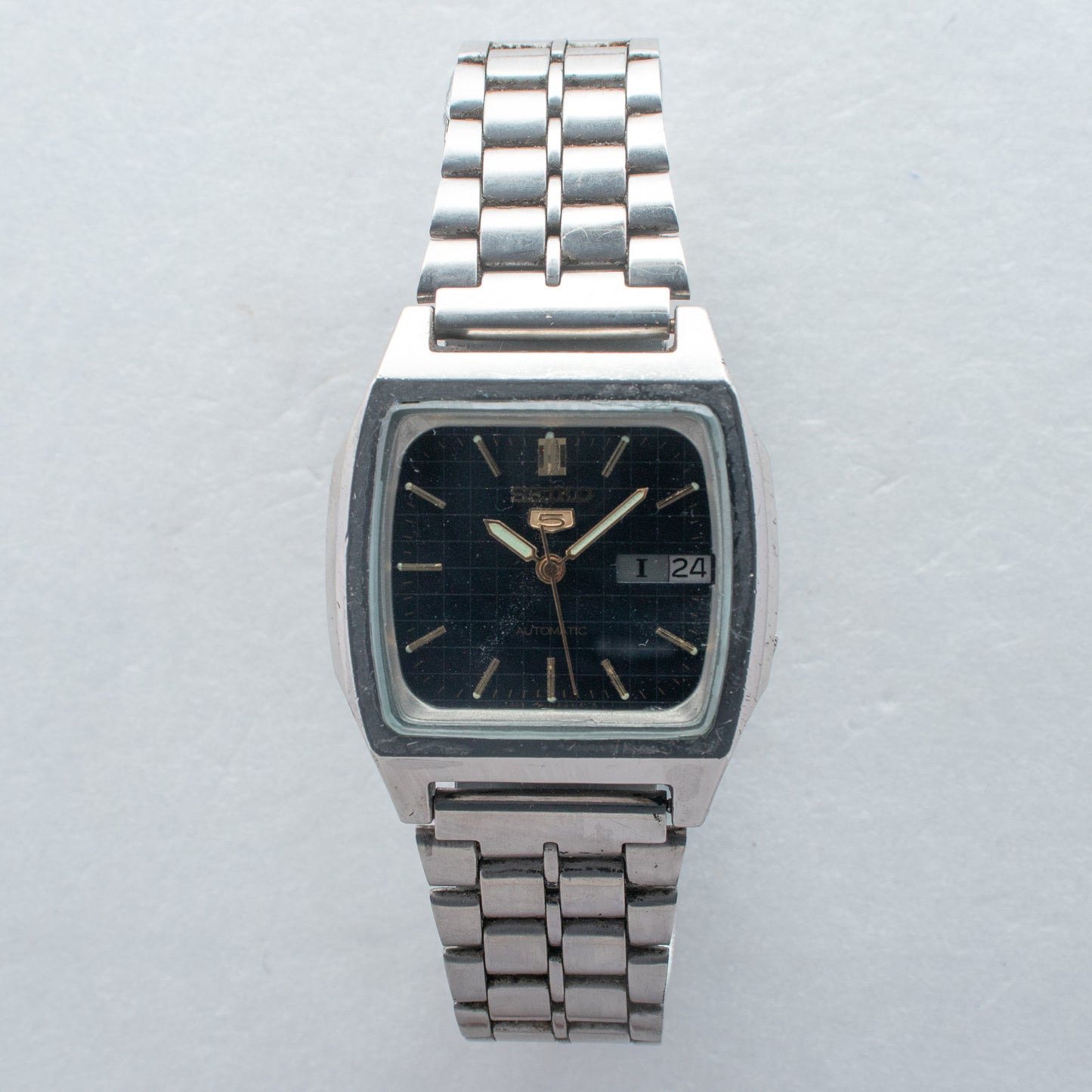 Rare Vintage Seiko 5 Automatic 7009-5860 Grid Pattern Black Dial TV Watch 1987