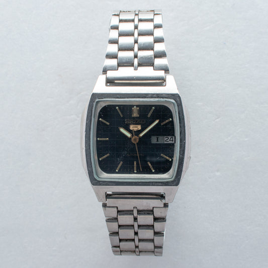 Rare Vintage Seiko 5 Automatic 7009-5860 Grid Pattern Black Dial TV Watch 1987