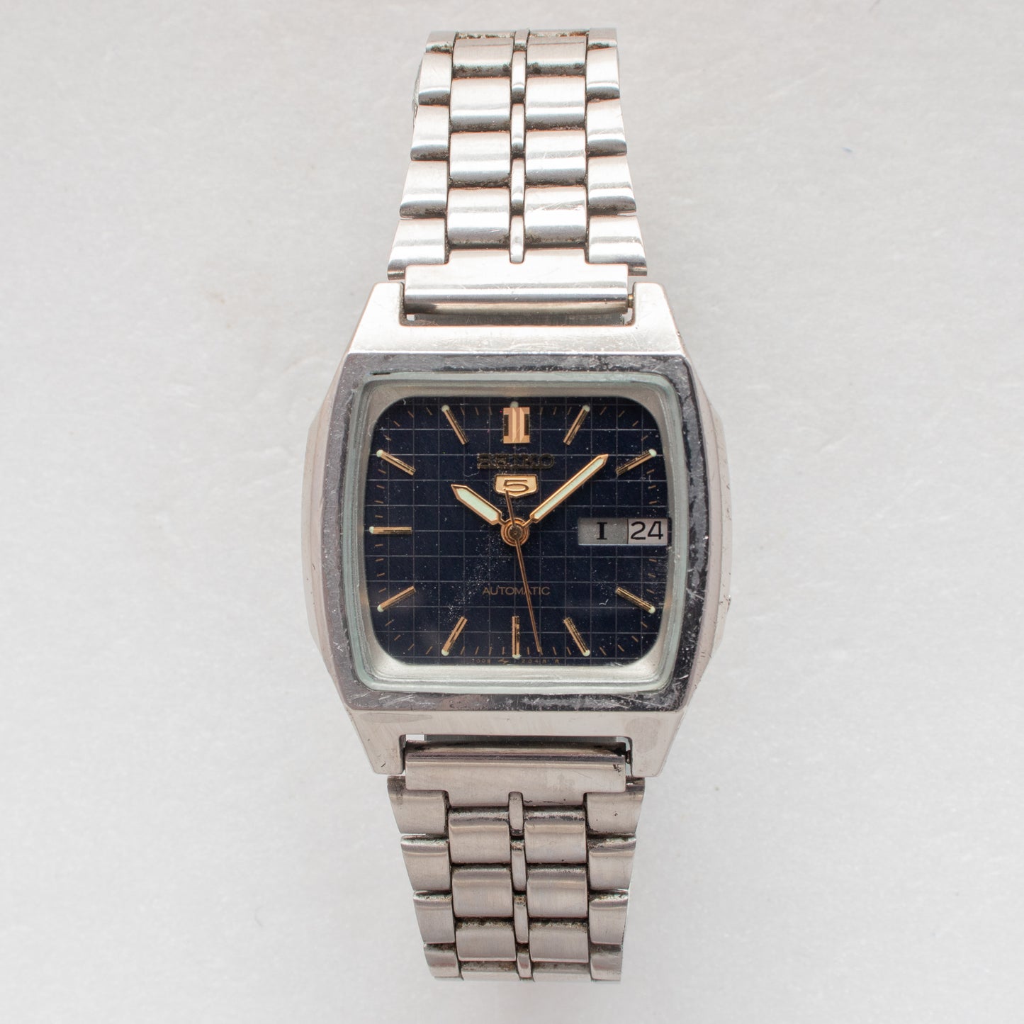 Rare Vintage Seiko 5 Automatic 7009-5860 Grid Pattern Black Dial TV Watch 1987