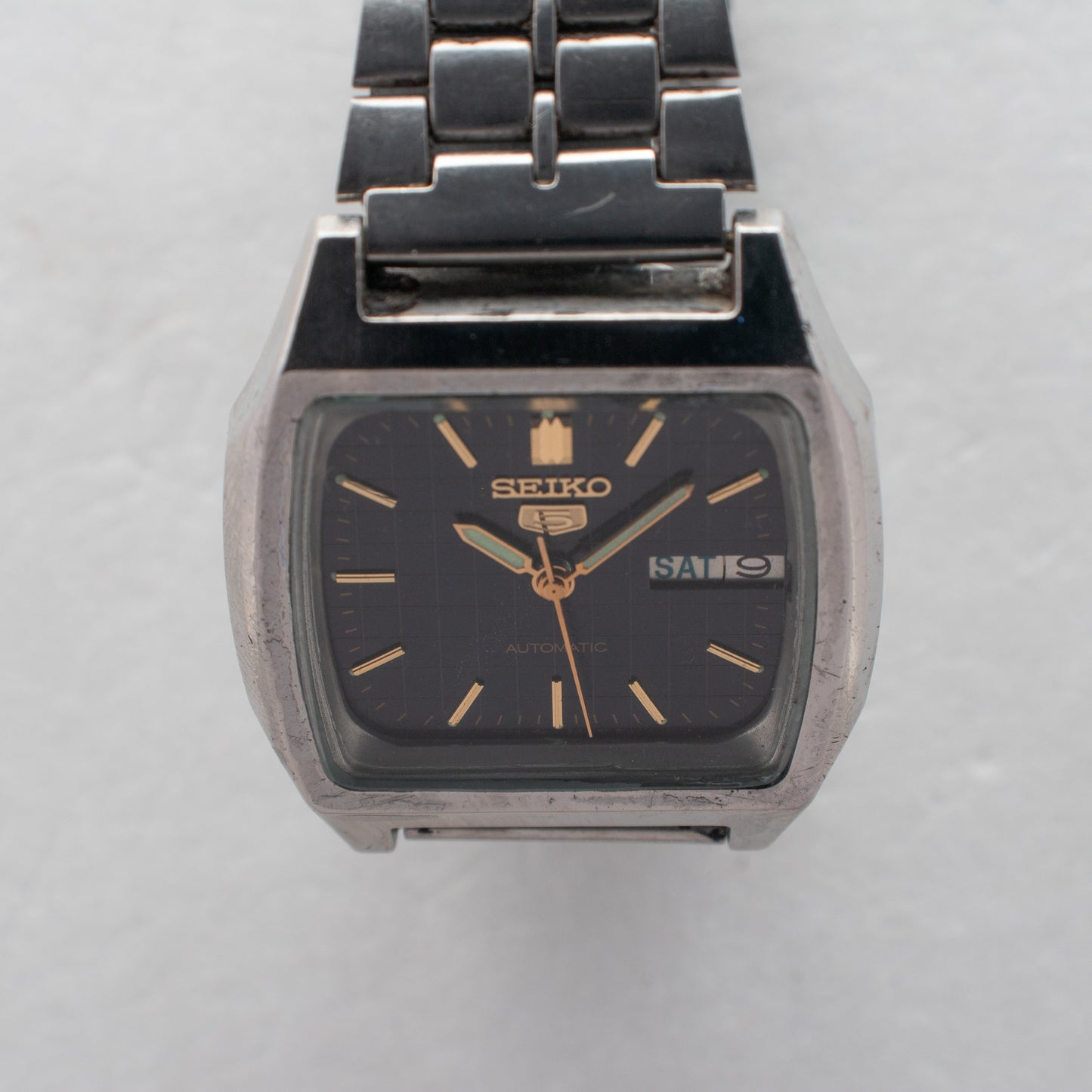 Rare Vintage Seiko 5 Automatic 7009-5860 Grid Pattern Black Dial TV Watch 1987