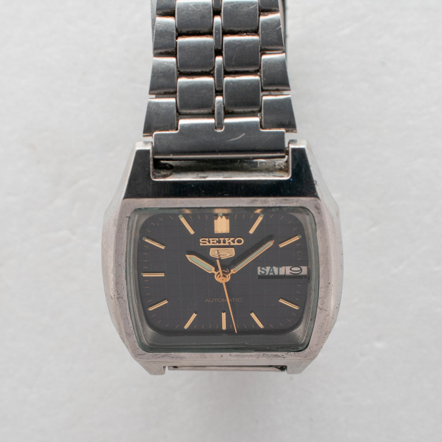 Rare Vintage Seiko 5 Automatic 7009-5860 Grid Pattern Black Dial TV Watch 1987