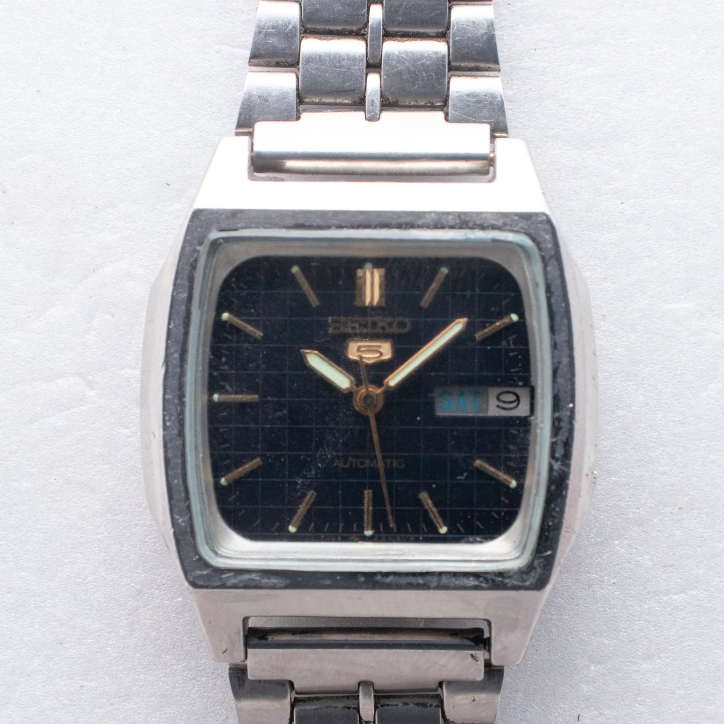 Rare Vintage Seiko 5 Automatic 7009-5860 Grid Pattern Black Dial TV Watch 1987