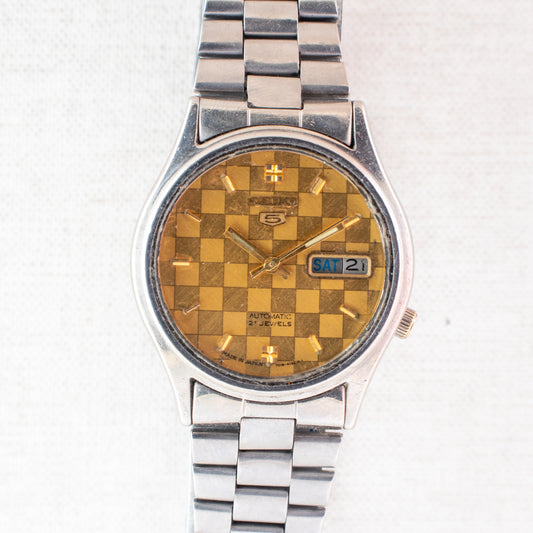 Rare Vintage Seiko 5 Automatic Men's Watch | Gold Square Grid Dial 7019-8180 21J