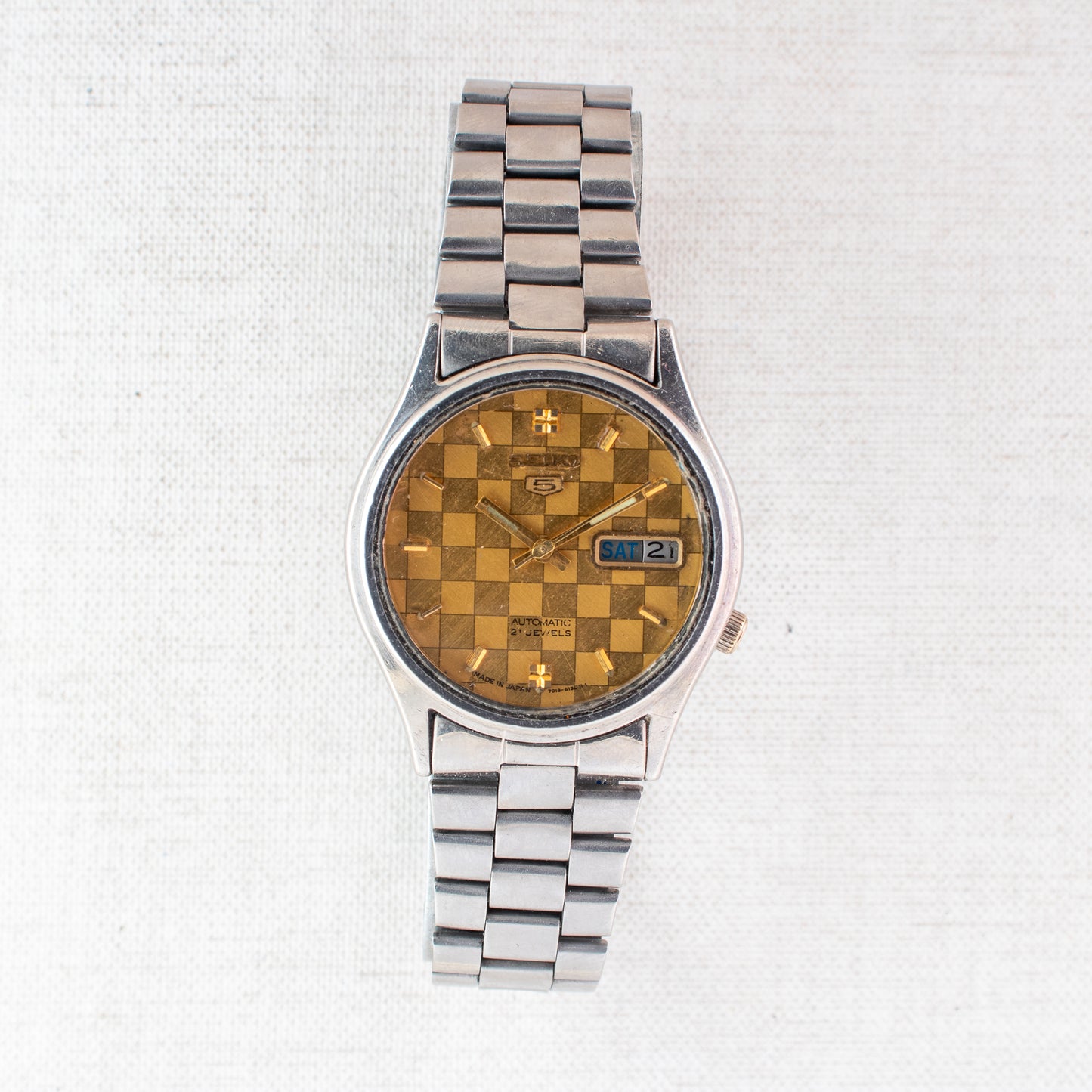 Rare Vintage Seiko 5 Automatic Men's Watch | Gold Square Grid Dial 7019-8180 21J