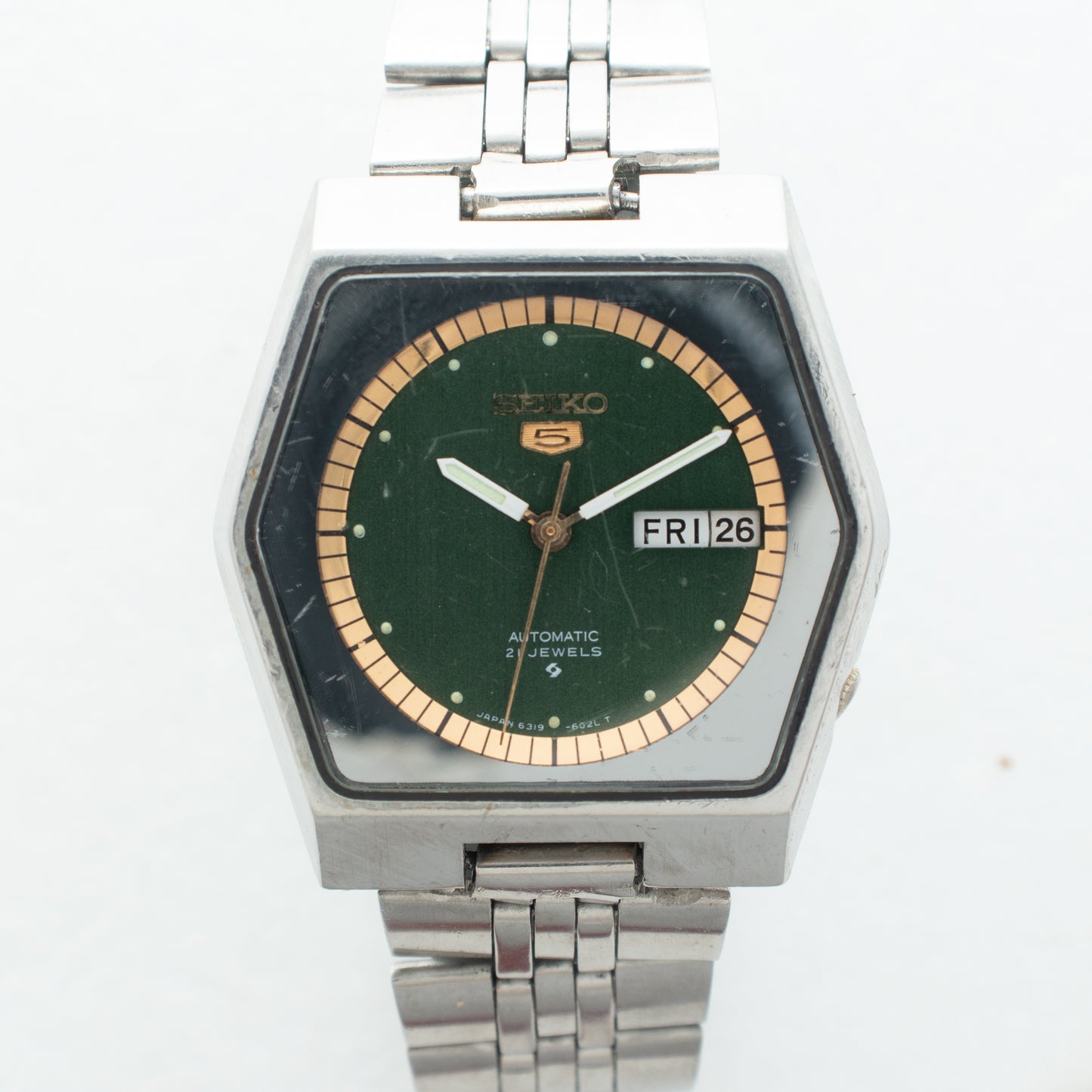 Seiko 5 Automatic Hexagon Case 6319-602A Rare Green Dial Gold Accents Watch 1979