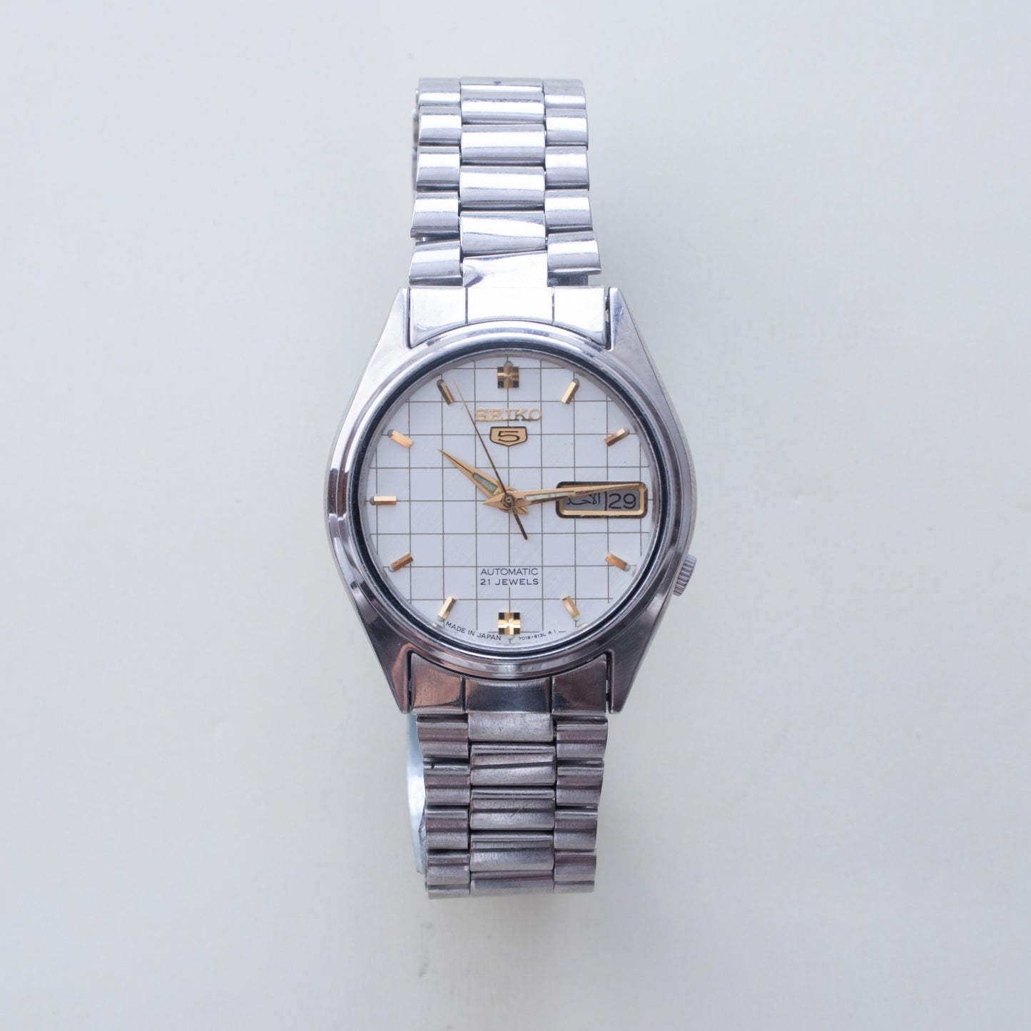 Vintage Seiko 5 Automatic 7019-6081 White Grid/Waffle Dial 21J Men's Watch Japan