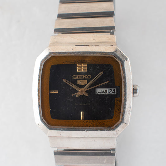 Vintage Seiko 5 Auto 6309-525J Unique Geometric Design Black Dial 1980 Men Watch