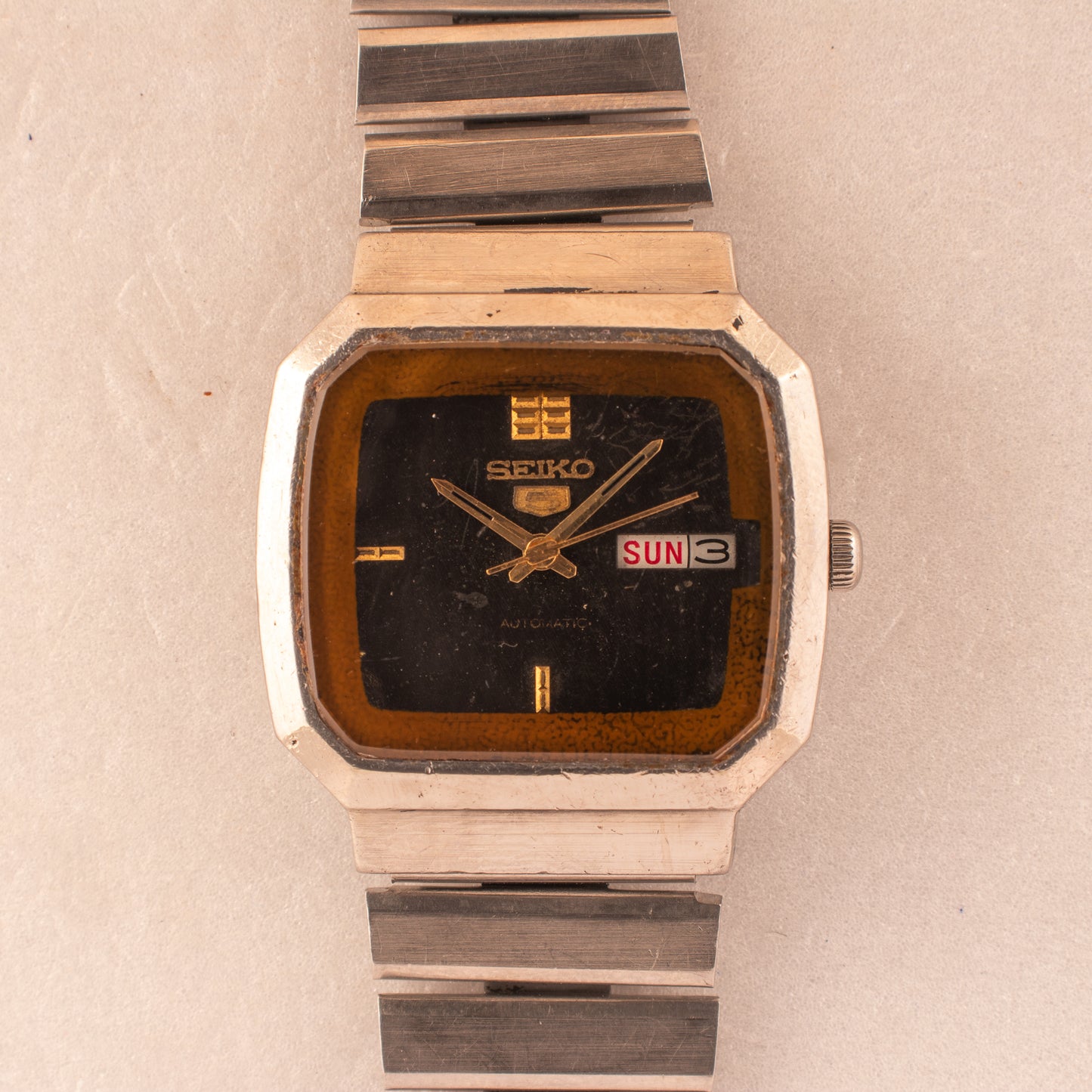 Vintage Seiko 5 Auto 6309-525J Unique Geometric Design Black Dial 1980 Men Watch