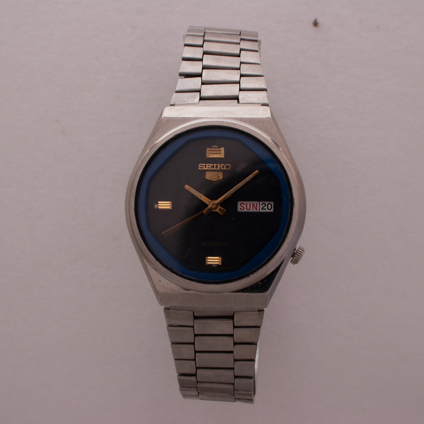 Vintage Seiko 5 Automatic 6309-565A Watch Blue Chapter Ring Italian/English Day