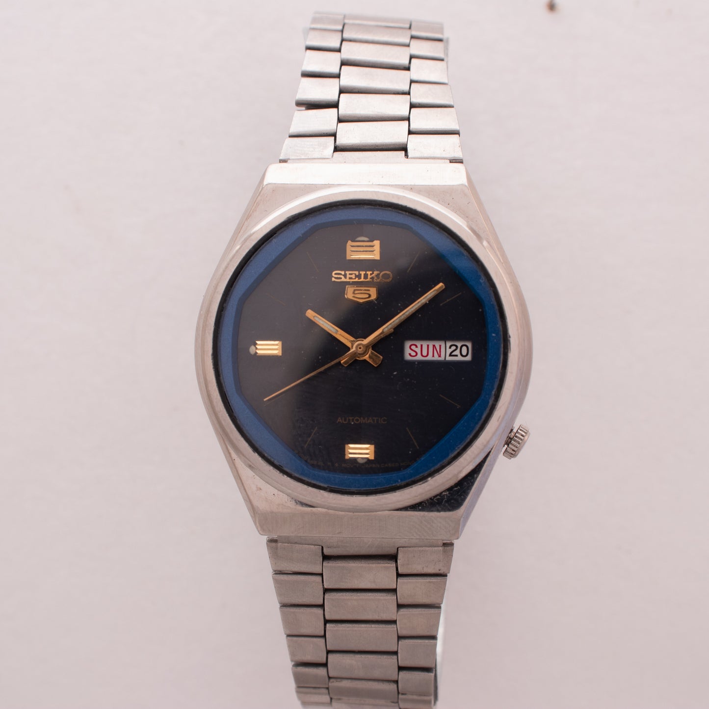 Vintage Seiko 5 Automatic 6309-565A Watch Blue Chapter Ring Italian/English Day