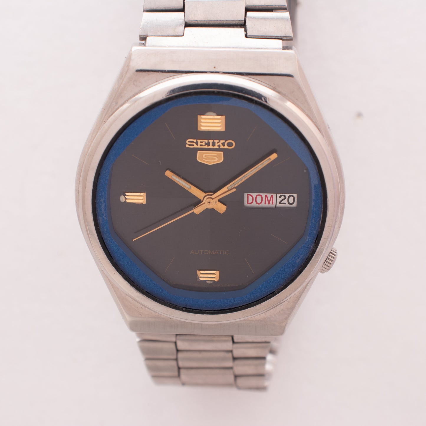Vintage Seiko 5 Automatic 6309-565A Watch Blue Chapter Ring Italian/English Day