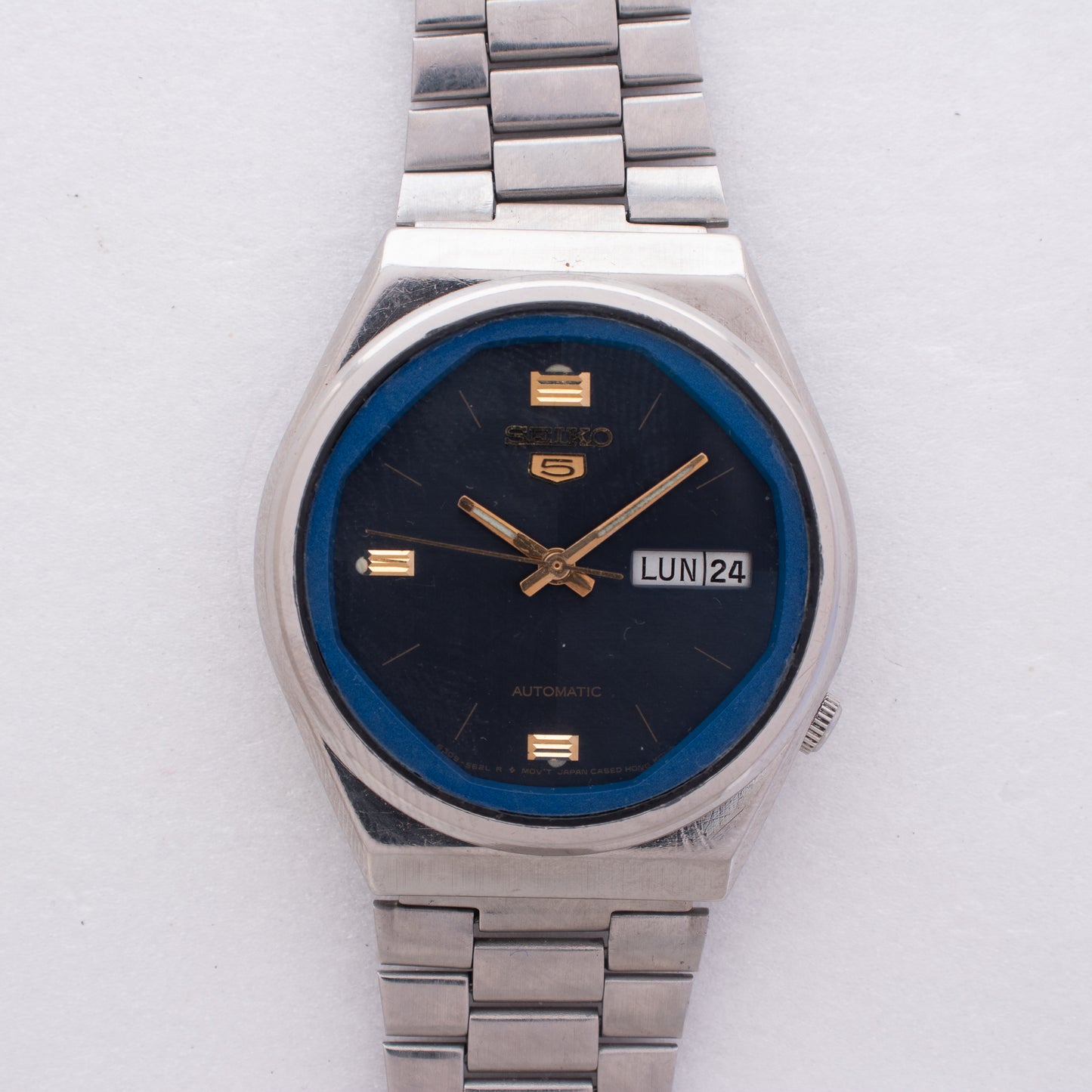 Vintage Seiko 5 Automatic 6309-565A Watch Blue Chapter Ring Italian/English Day