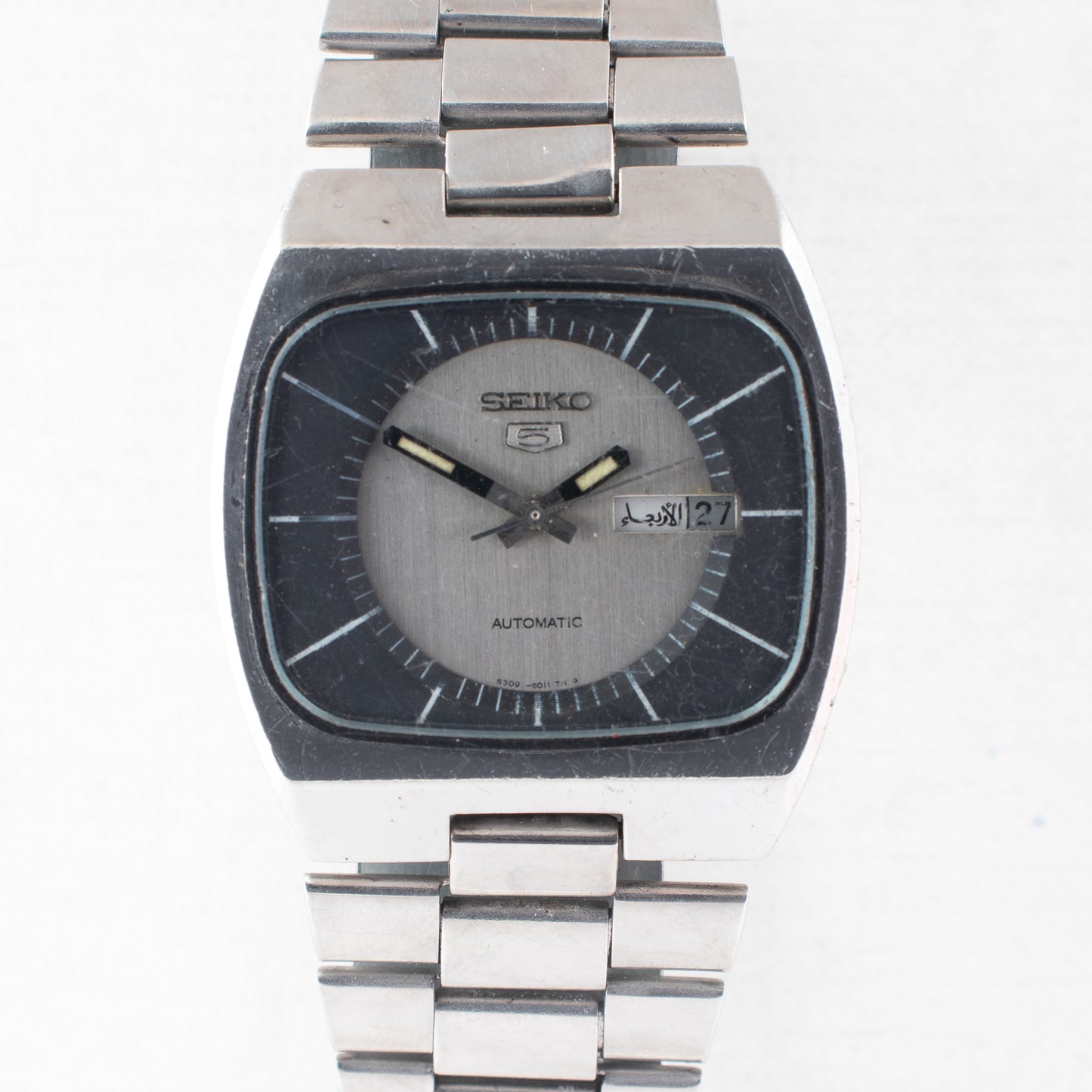 Vintage Seiko 5 Auto 6309-6010 Watch Texture Silver Black Dial Bilingual Day