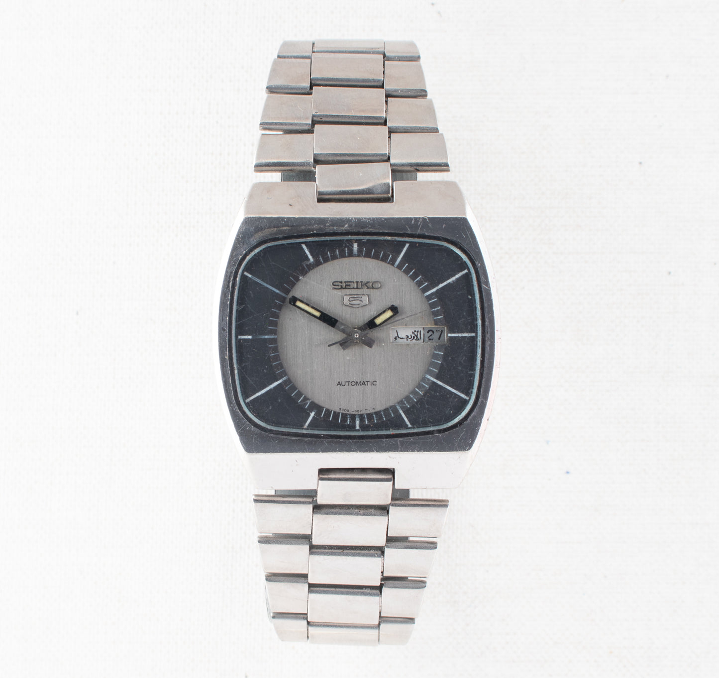 Vintage Seiko 5 Auto 6309-6010 Watch Texture Silver Black Dial Bilingual Day