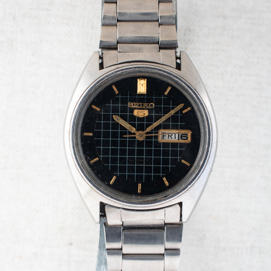 Vintage Seiko 5 Auto 6309A Black Grid Dial English/Arabic Gold Accents Men Watch