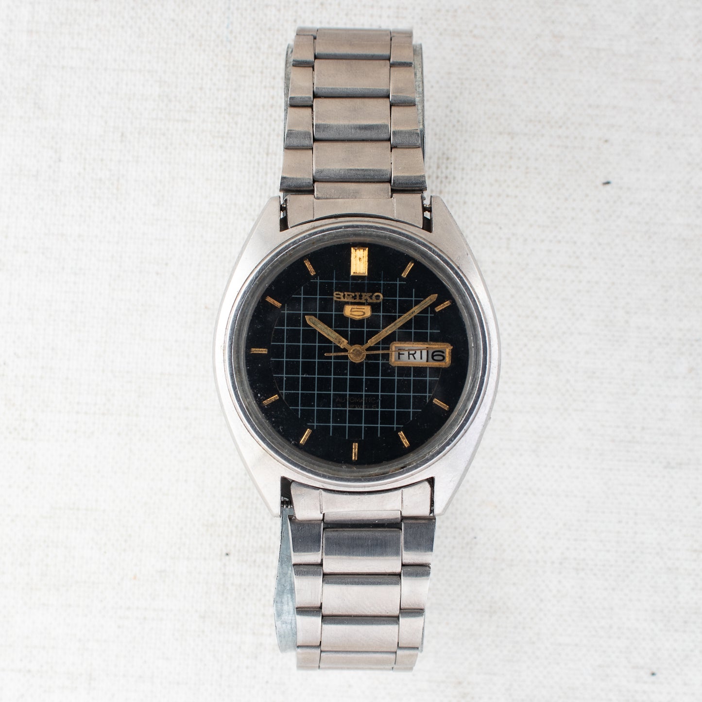 Vintage Seiko 5 Auto 6309A Black Grid Dial English/Arabic Gold Accents Men Watch