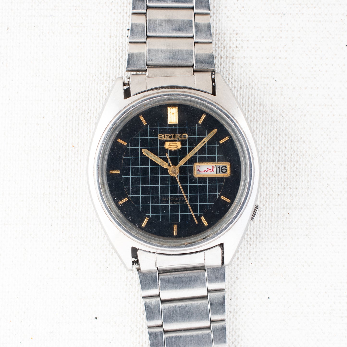 Vintage Seiko 5 Auto 6309A Black Grid Dial English/Arabic Gold Accents Men Watch
