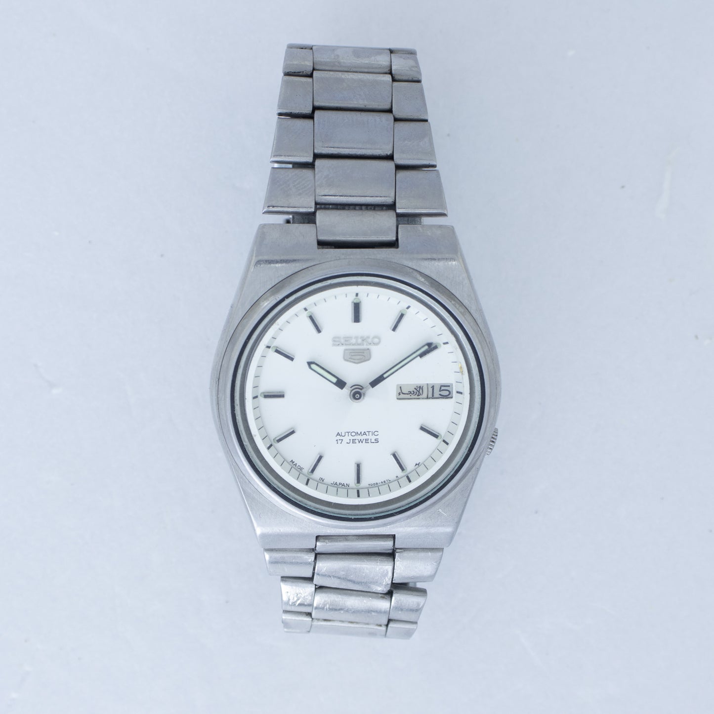 Vintage Seiko 5 Auto 7009-816J White Dial Luminous Hands, Bilingual Day Watch