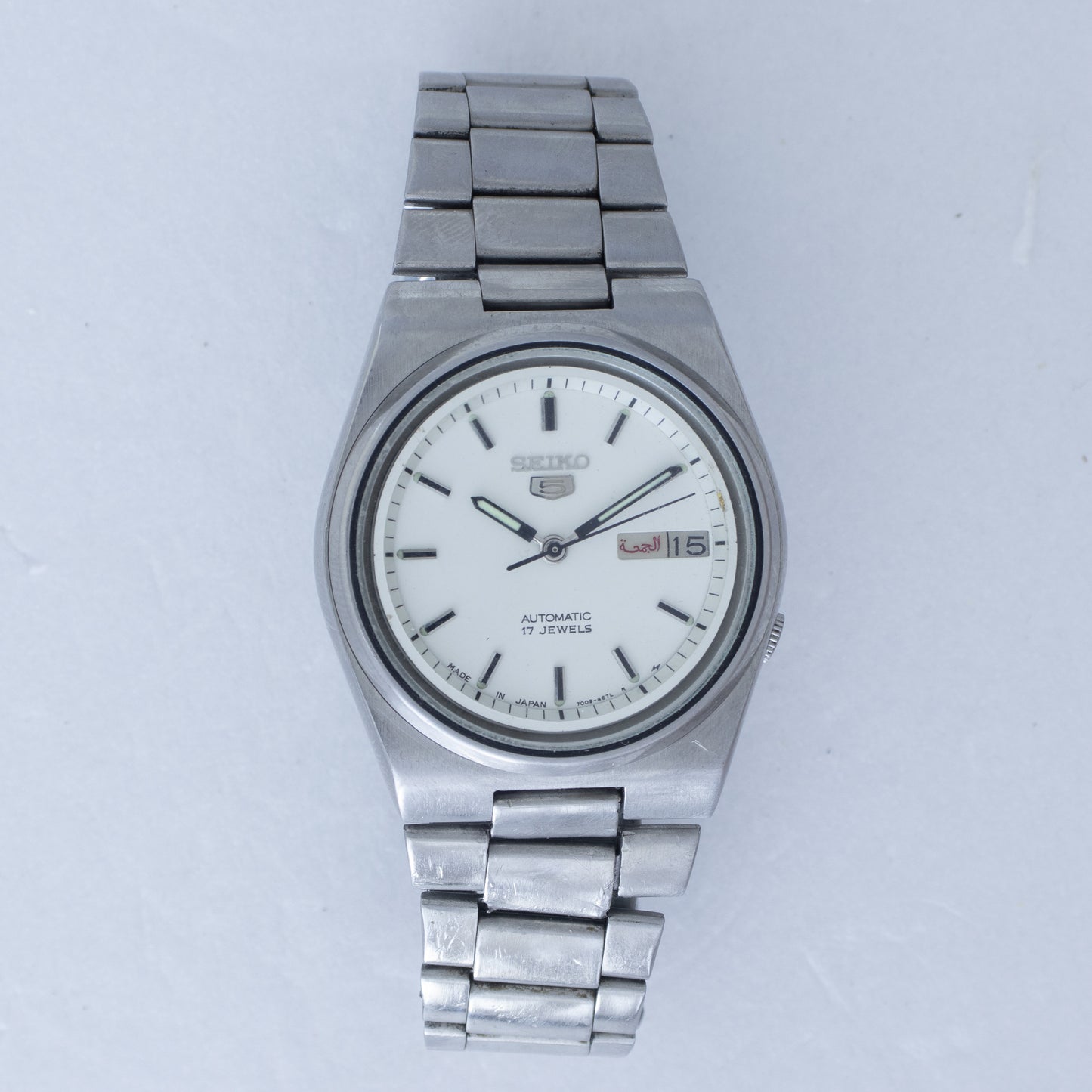 Vintage Seiko 5 Auto 7009-816J White Dial Luminous Hands, Bilingual Day Watch
