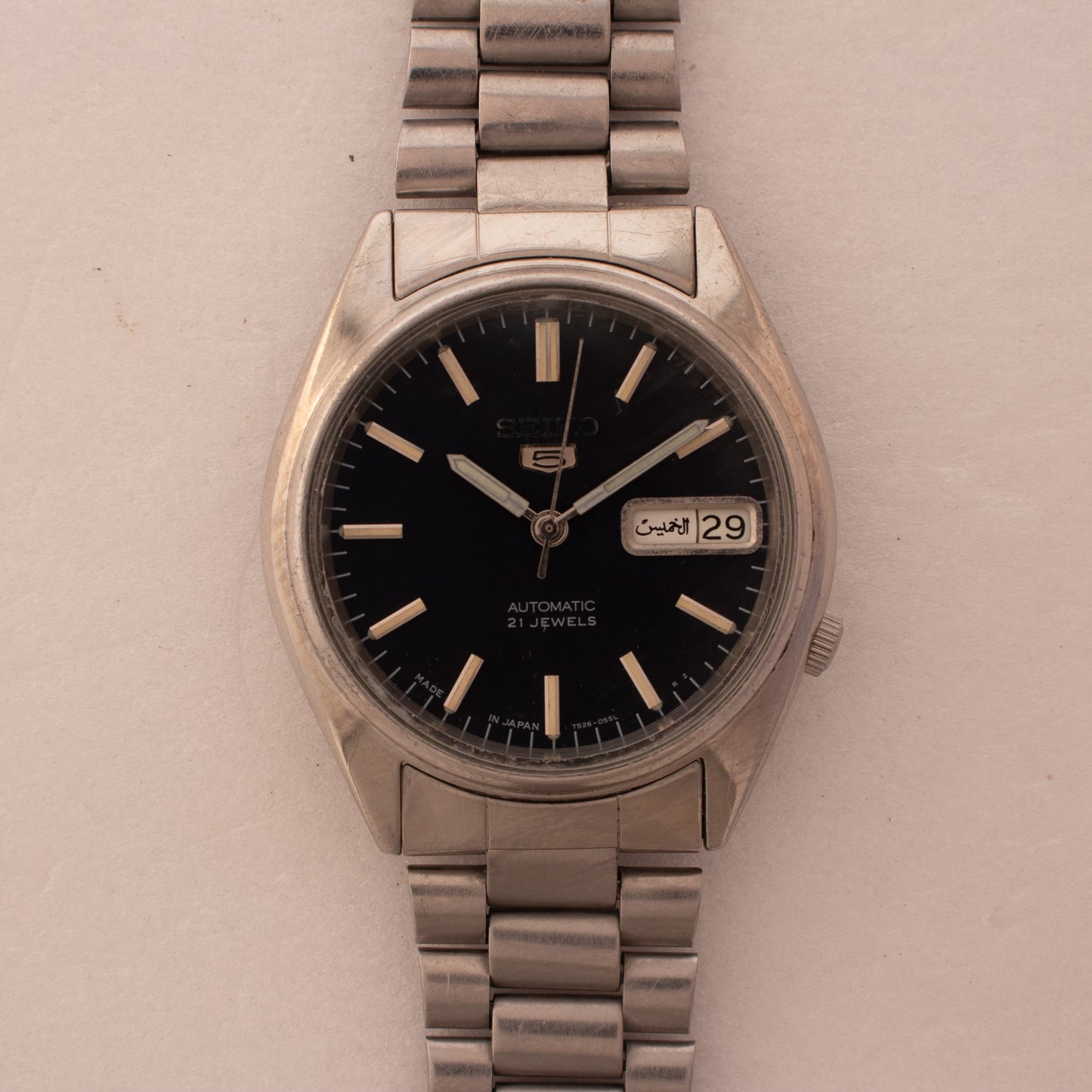 Vintage Seiko 5 Automatic 7S26-8000 Men's Watch Arabic/English Day Black Dial