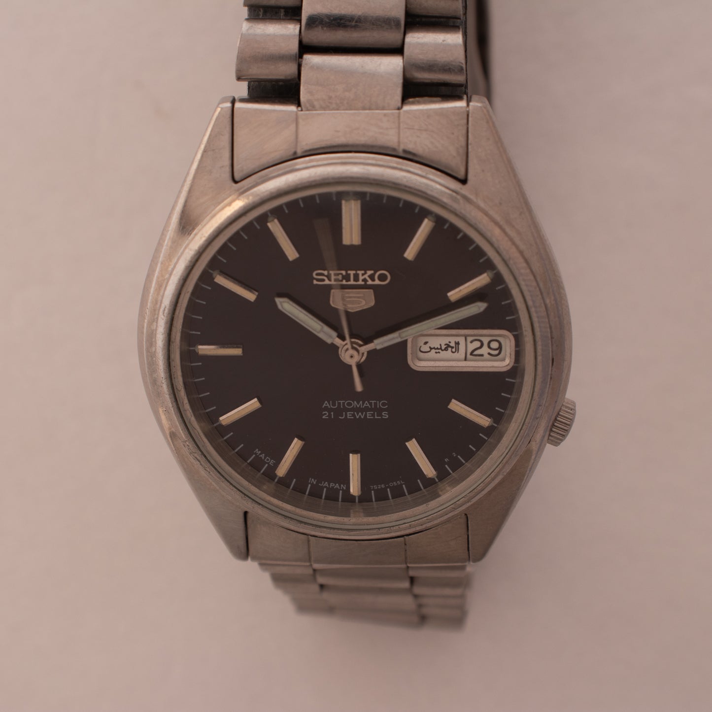 Vintage Seiko 5 Automatic 7S26-8000 Men's Watch Arabic/English Day Black Dial