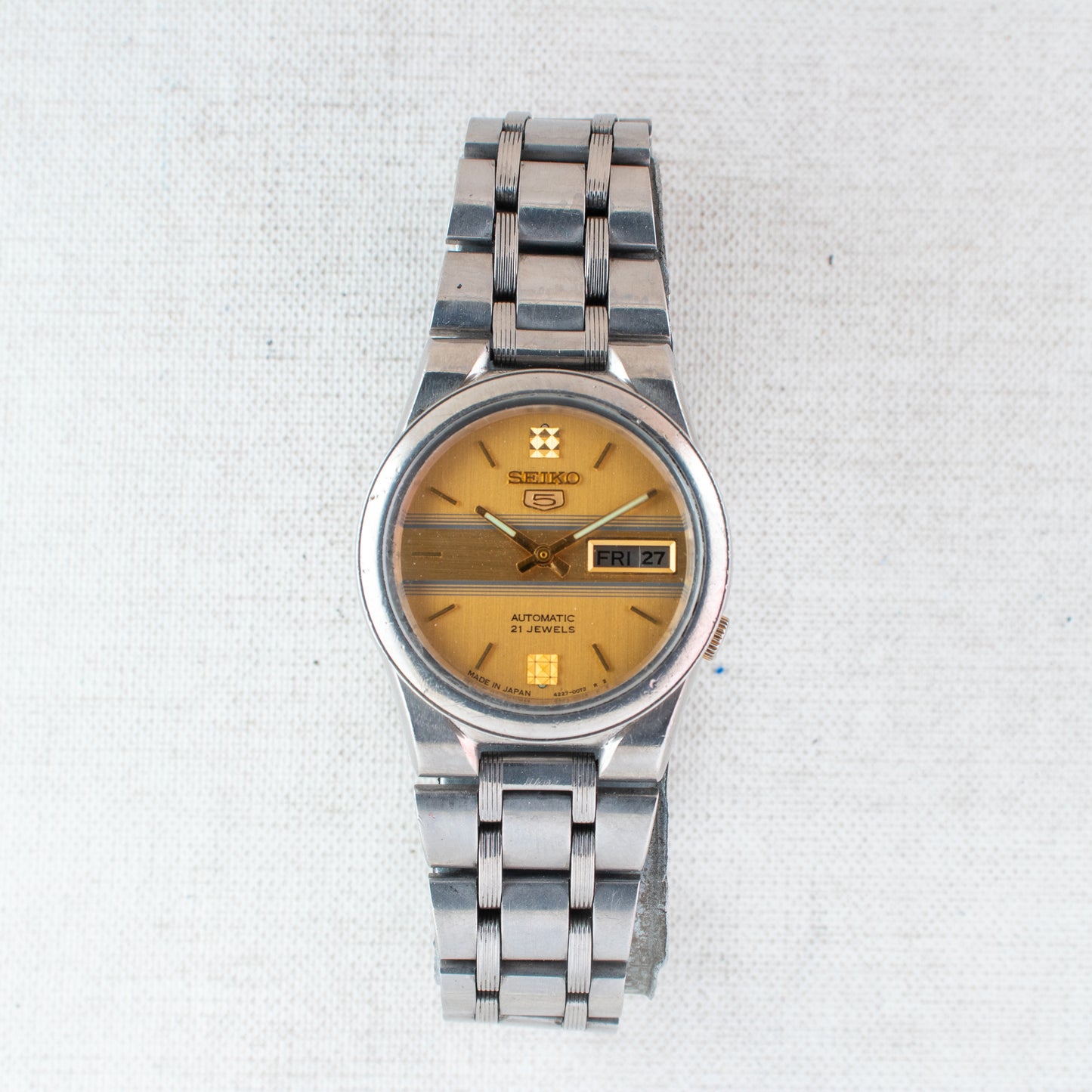 Vintage Seiko 5 Auto Rare Watch Striped Gold Dial 4227-00C0 Arabic/English Days