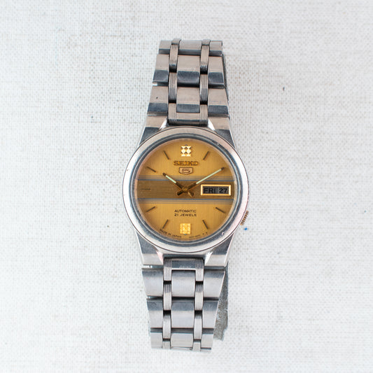 Vintage Seiko 5 Auto Rare Watch Striped Gold Dial 4227-00C0 Arabic/English Days