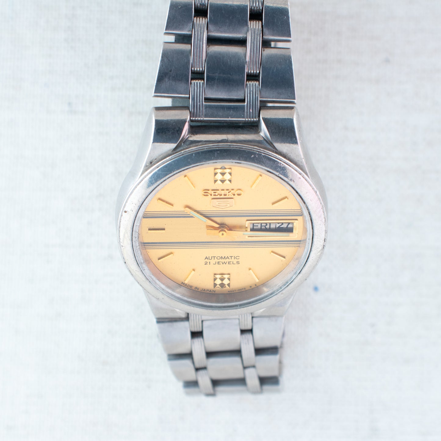 Vintage Seiko 5 Auto Rare Watch Striped Gold Dial 4227-00C0 Arabic/English Days