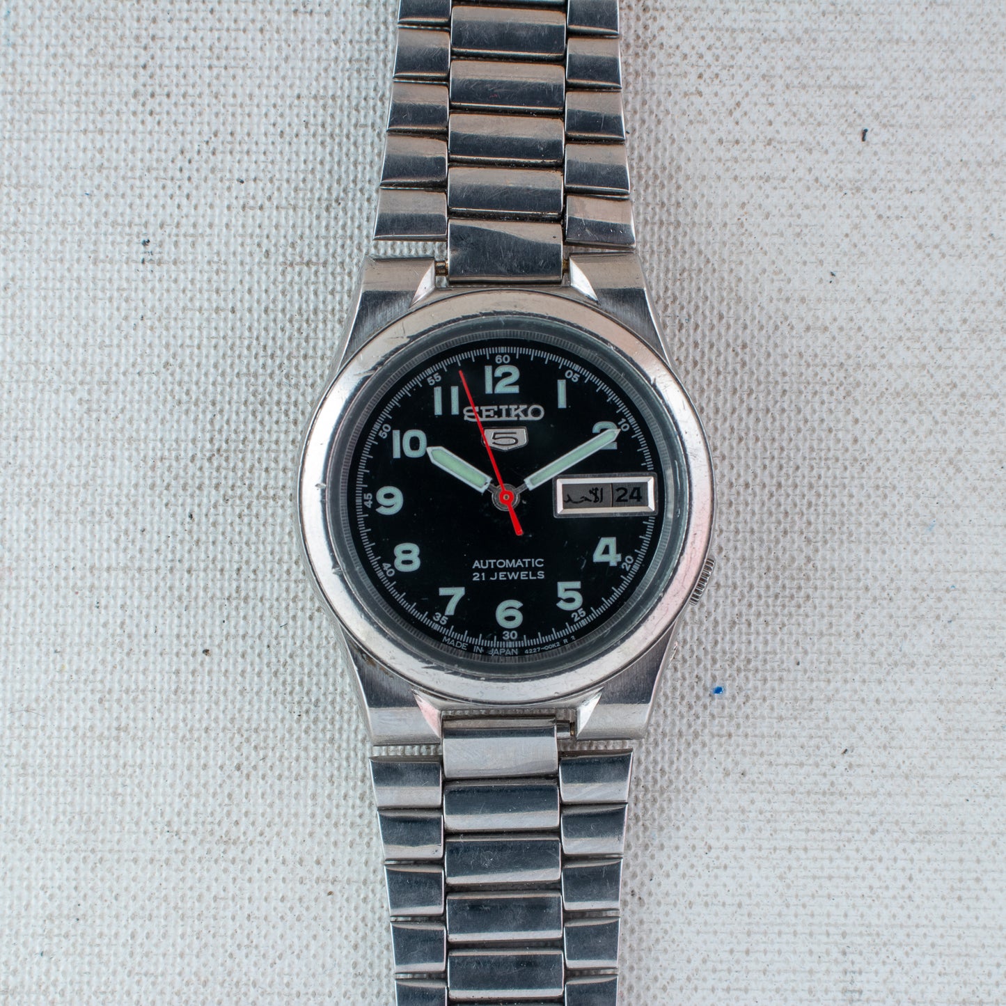 Vintage Seiko 5 Auto UnsexWatch Field Style Dial 4227-00C0 Arabic English Day