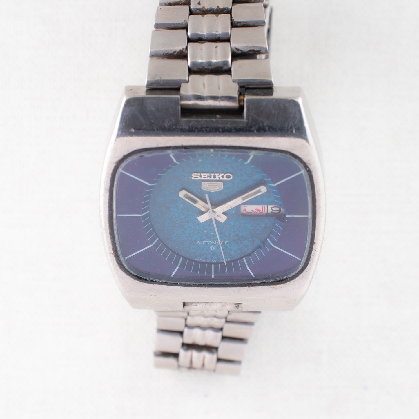 Vintage Seiko 5 Auto Watch 6309-5100 Blue Textured Dial TV Case, Bilingual Days