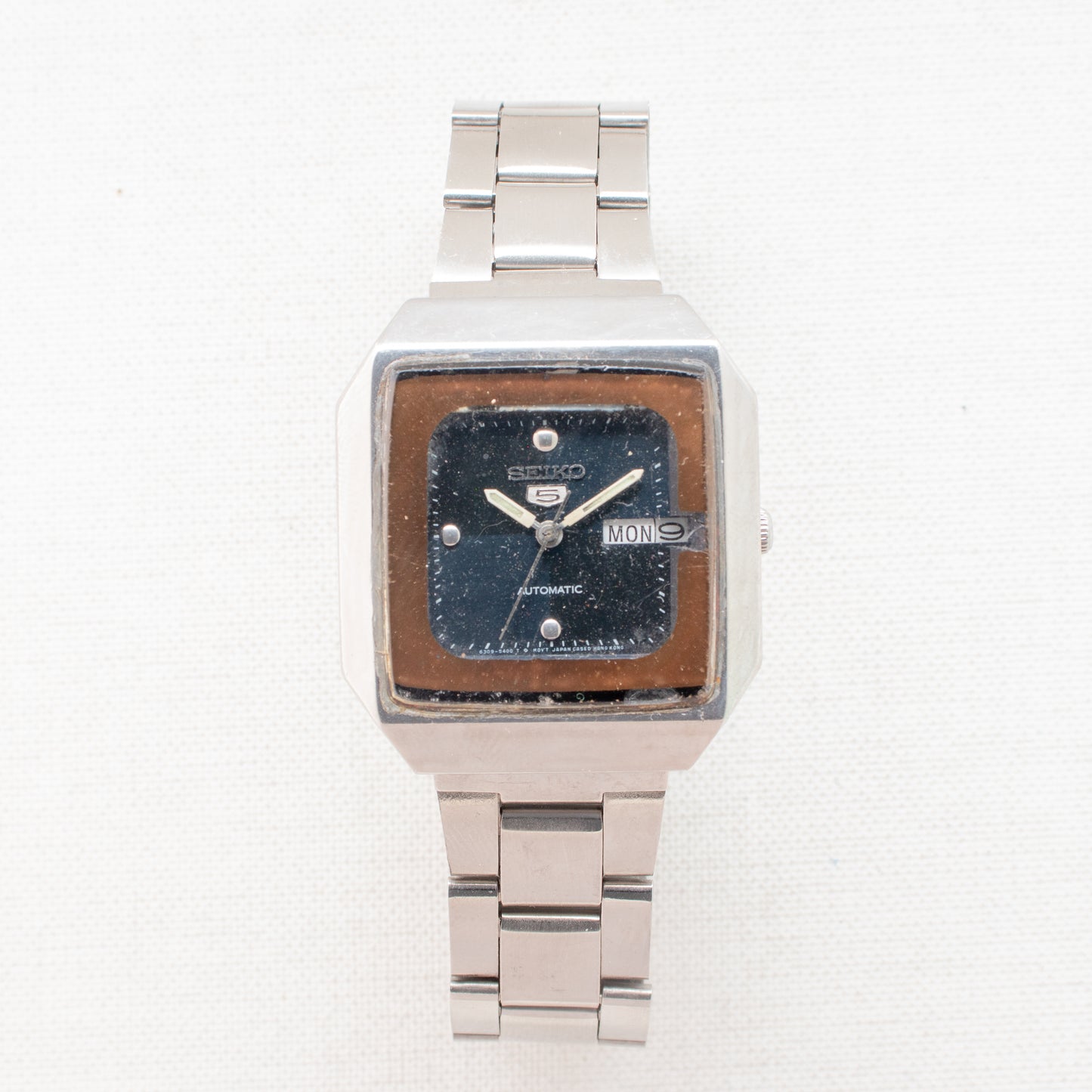 Vintage Seiko 5 Auto Watch 6309-545A Blue Dial Gold Bezel Arabic English Days