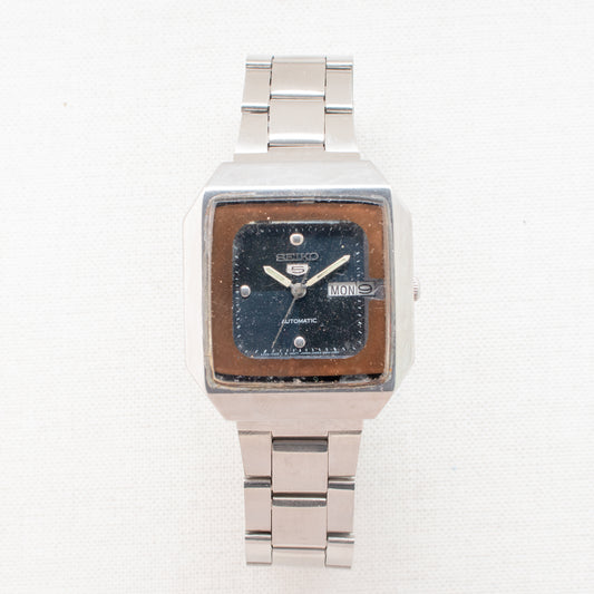 Vintage Seiko 5 Auto Watch 6309-545A Blue Dial Gold Bezel Arabic English Days