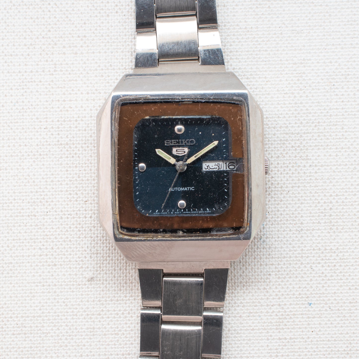 Vintage Seiko 5 Auto Watch 6309-545A Blue Dial Gold Bezel Arabic English Days