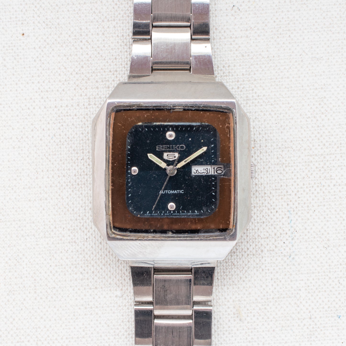 Vintage Seiko 5 Auto Watch 6309-545A Blue Dial Gold Bezel Arabic English Days