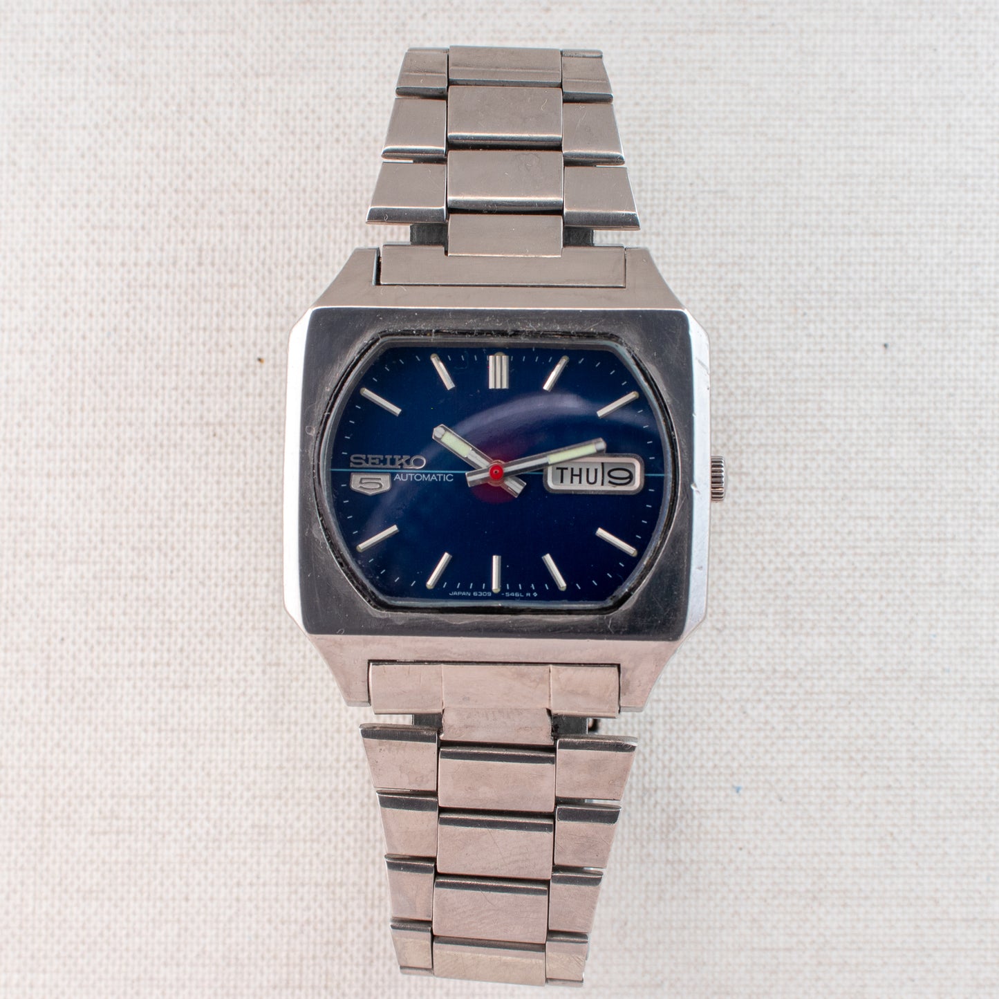 Vintage Seiko 5 Auto Watch 6309-5510 Blue Dial TV Case Arabic English Days MINT