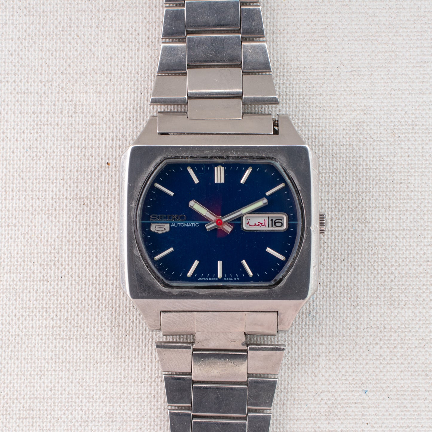 Vintage Seiko 5 Auto Watch 6309-5510 Blue Dial TV Case Arabic English Days MINT