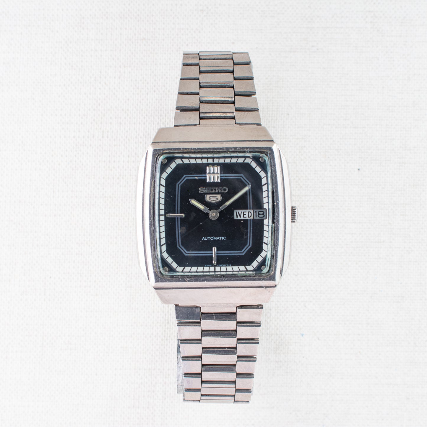 Vintage Seiko 5 Auto Watch 6309-566A Texture Dark Blue Dial TV Case, Bilingual Days
