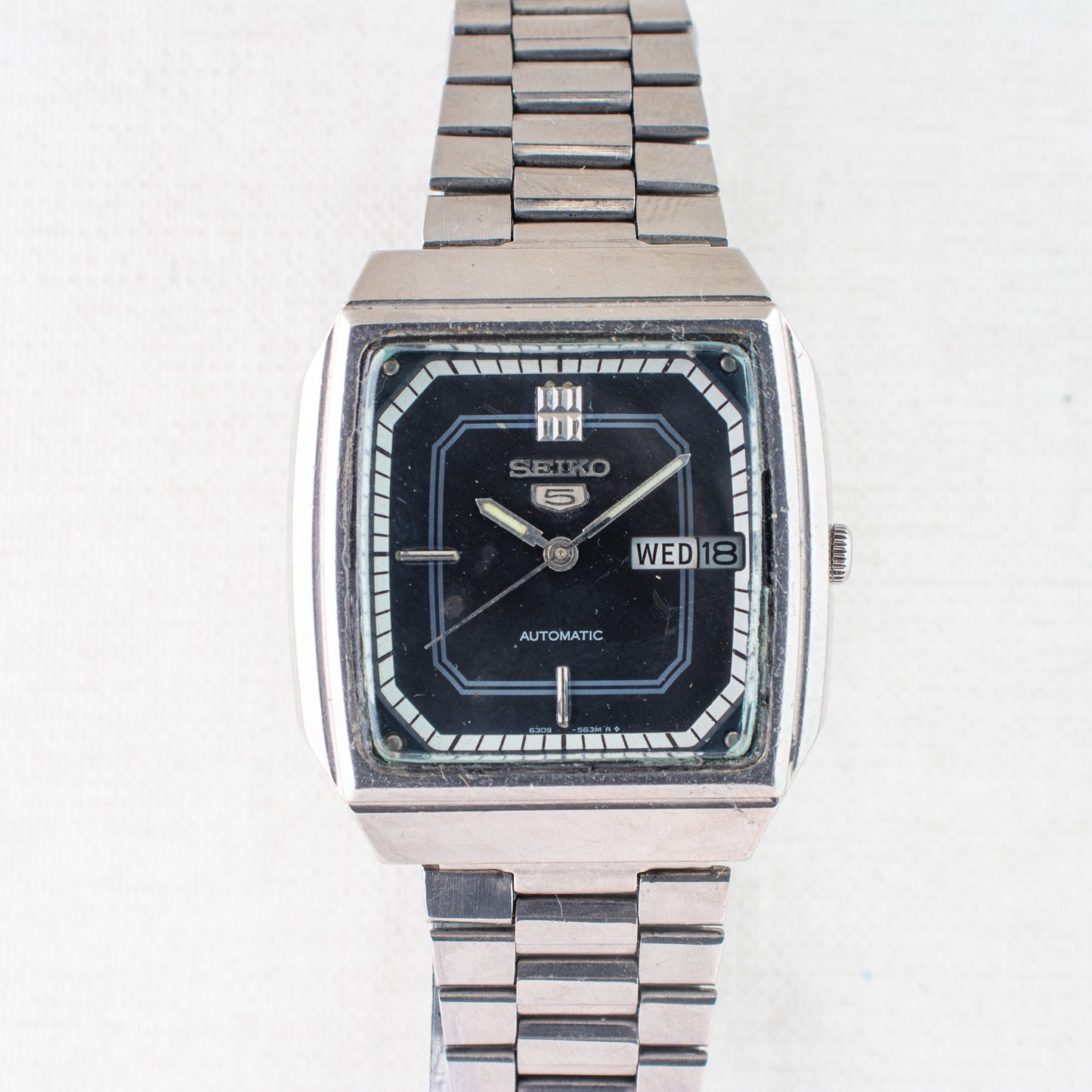 Vintage Seiko 5 Auto Watch 6309-566A Texture Dark Blue Dial TV Case, Bilingual Days