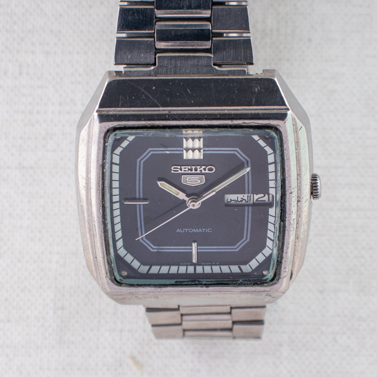 Vintage Seiko 5 Auto Watch 6309-566A Texture Dark Blue Dial TV Case, Bilingual Days