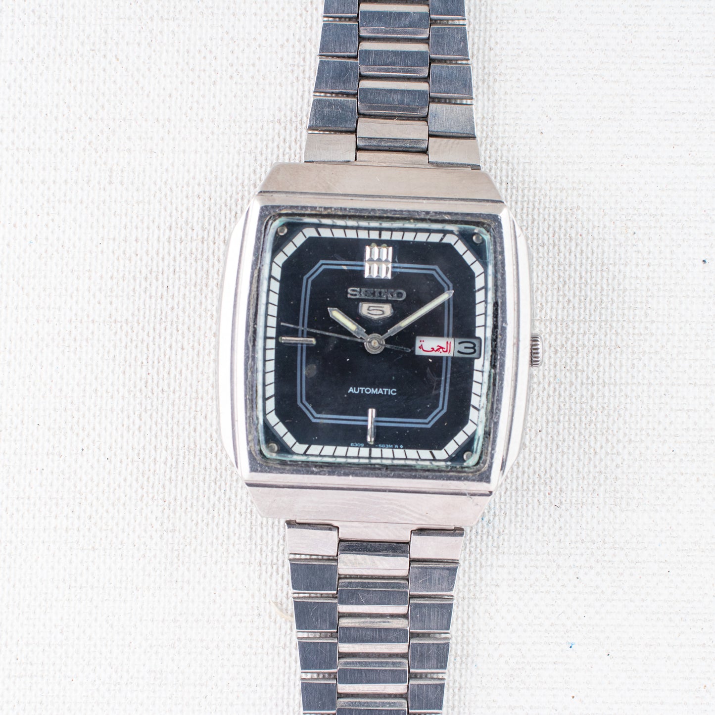 Vintage Seiko 5 Auto Watch 6309-566A Texture Dark Blue Dial TV Case, Bilingual Days