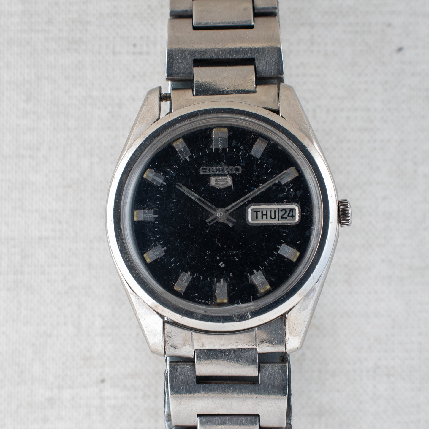Vintage Seiko 5 Auto Watch Black "Stardust" Patina Dial 6309-8880 English/Arabic