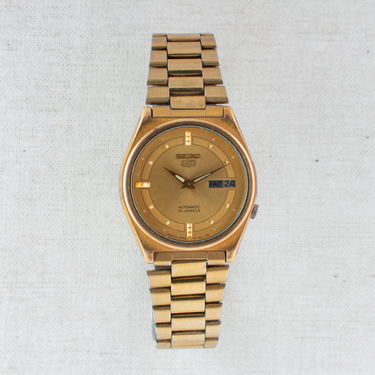 Vintage Seiko 5 Auto Watch Gold-Tone 7019-8180 Unique Dial English/Arabic Day