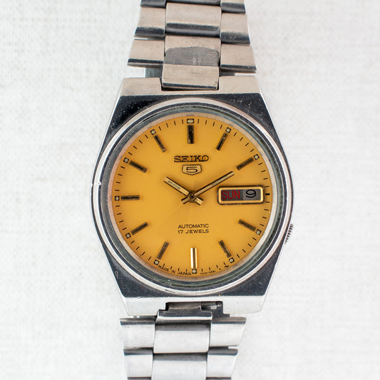Vintage Seiko 5 Auto Watch Rare Mustard Yellow Dial 7009-3131 English/Arabic Day