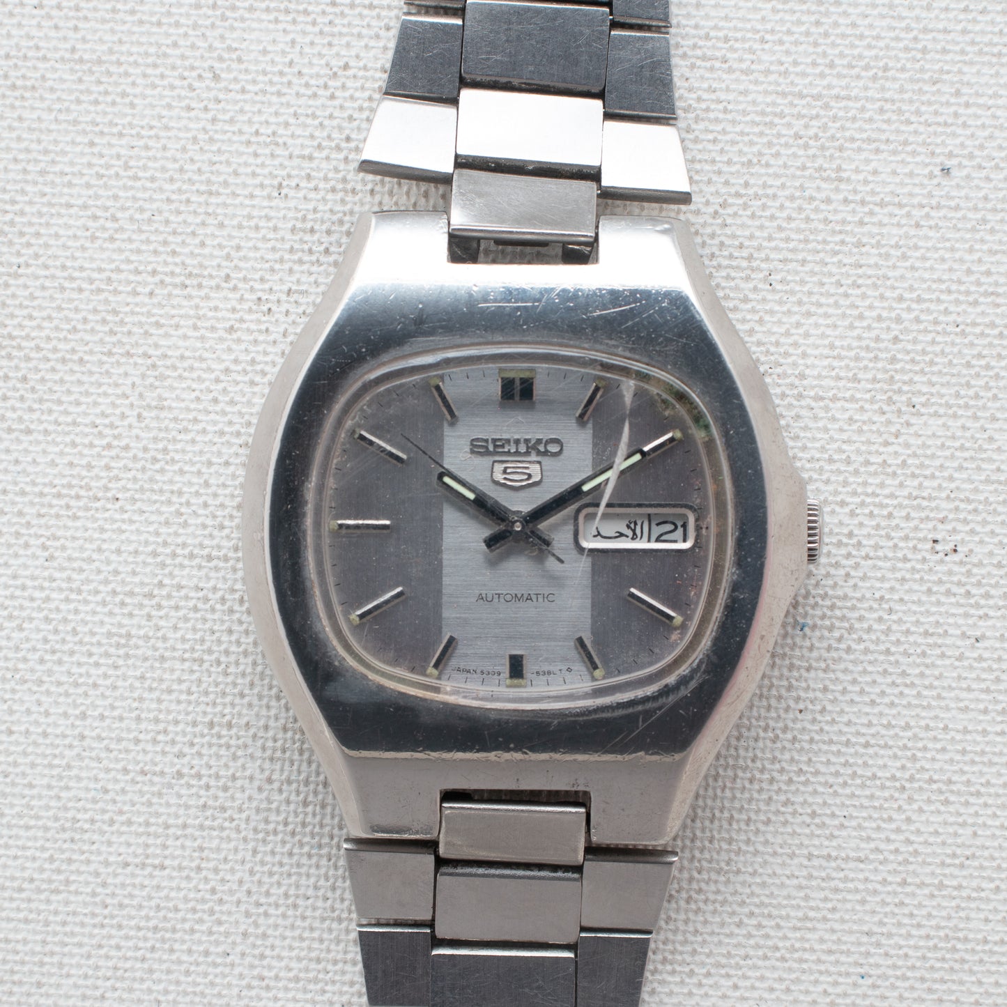 Vintage Seiko 5 Automatic 6309-5320 Arabic/English Day Silver Dial TV Case Watch