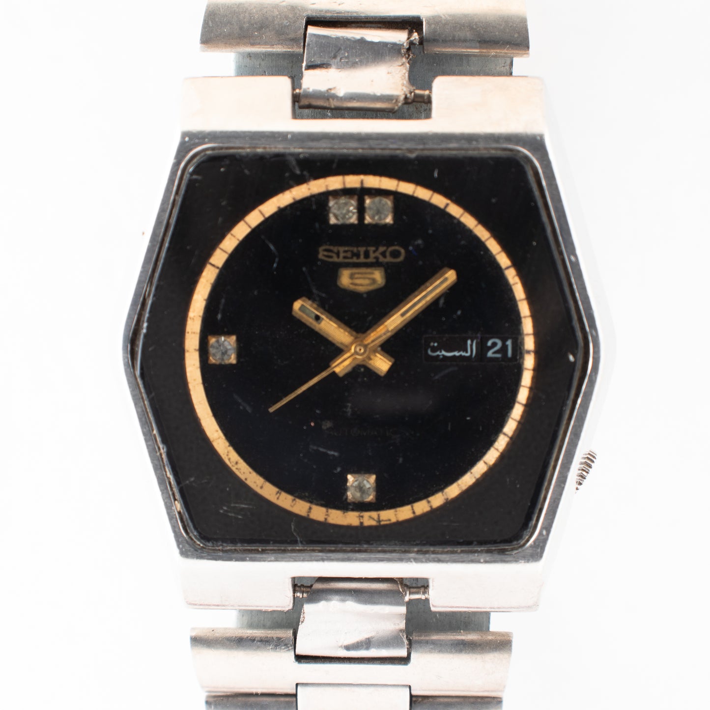 Vintage Seiko 5 Automatic 6309-6070 Black Dial Stone Indices Watch Bilingual Day