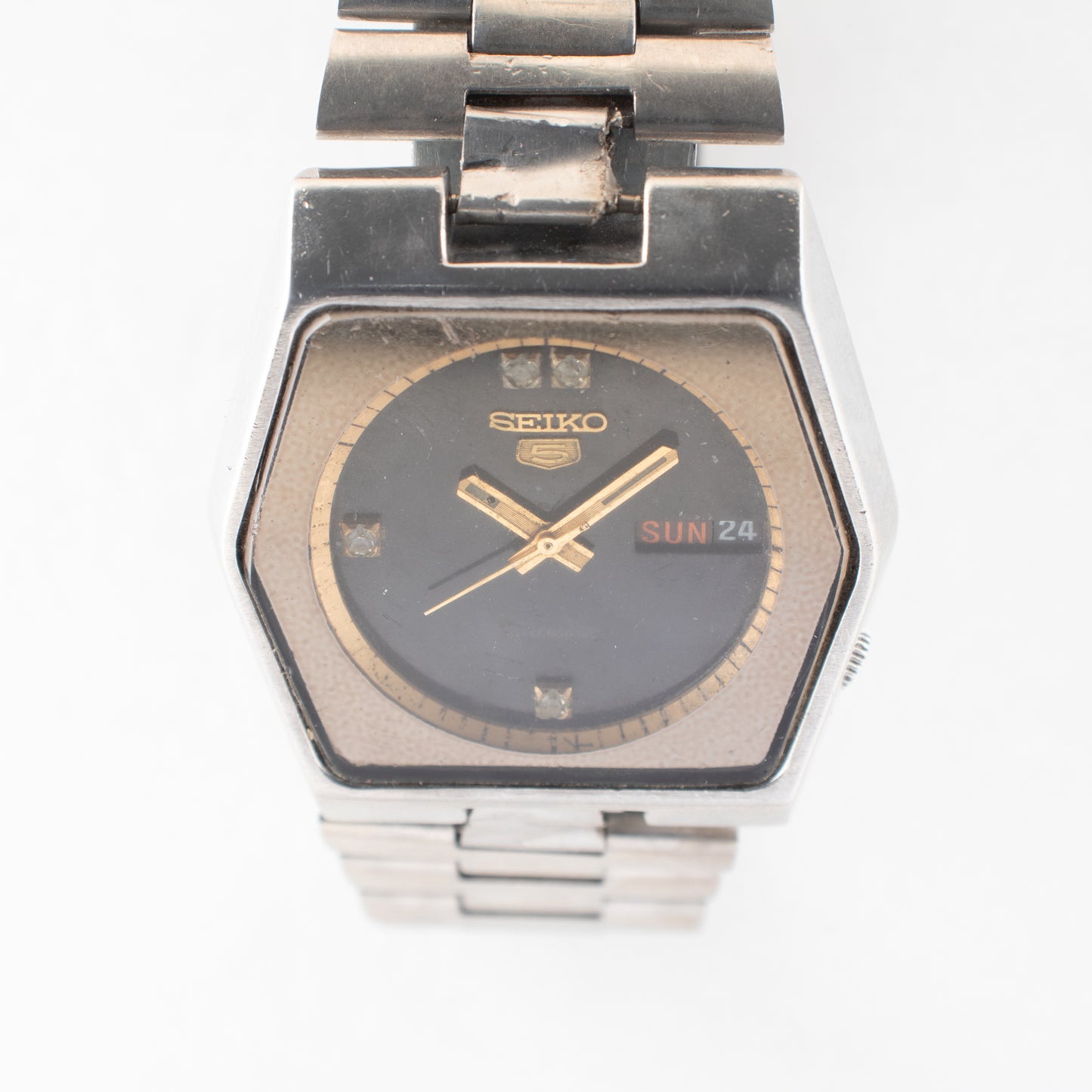 Vintage Seiko 5 Automatic 6309-6070 Black Dial Stone Indices Watch Bilingual Day