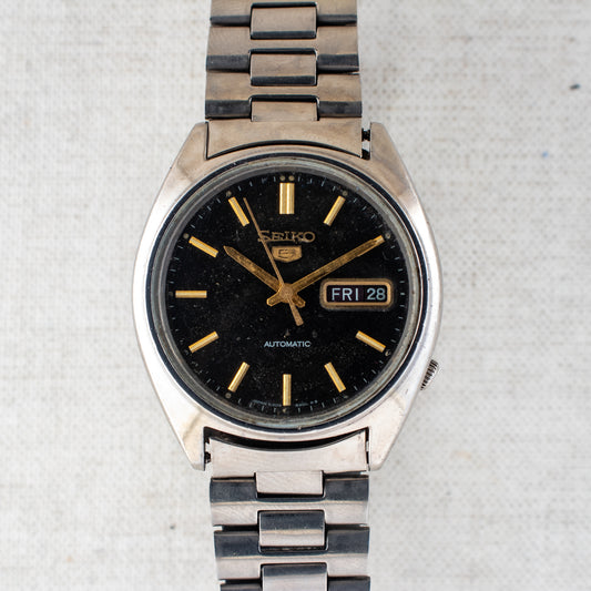 Vintage Seiko 5 Automatic 6309-8230 Black Dial Gold Accents Men's Watch Japan
