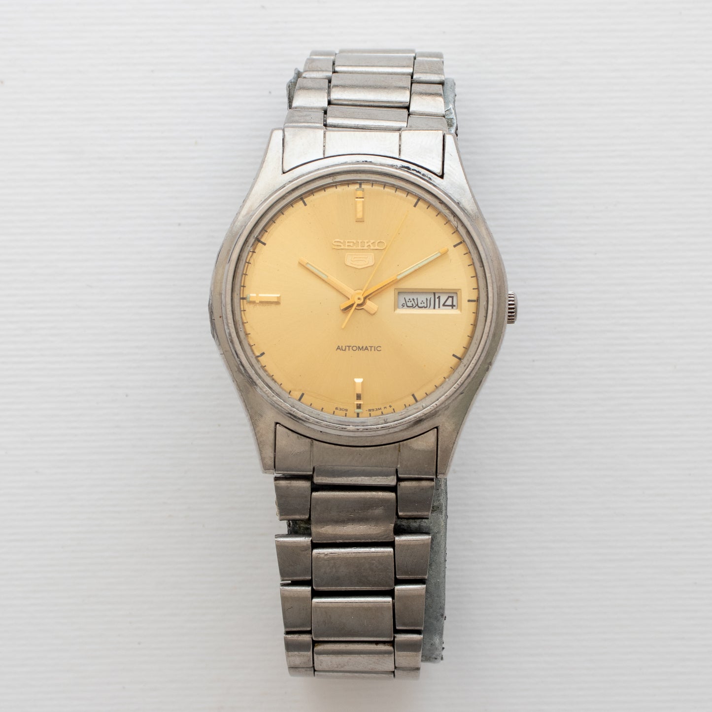 Vintage Seiko 5 Automatic 6309-8880 Watch Gold Sunburst Dial Arabic English Day