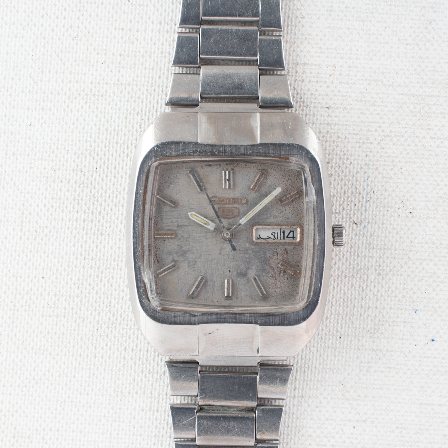 Vintage Seiko 5 Automatic 6319-5050 Silver Dial TV Case Arabic English Day Watch