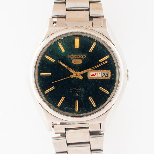Vintage Seiko 5 Automatic 6319-8120 Green Sunburst Dial Arabic/English Day Watch